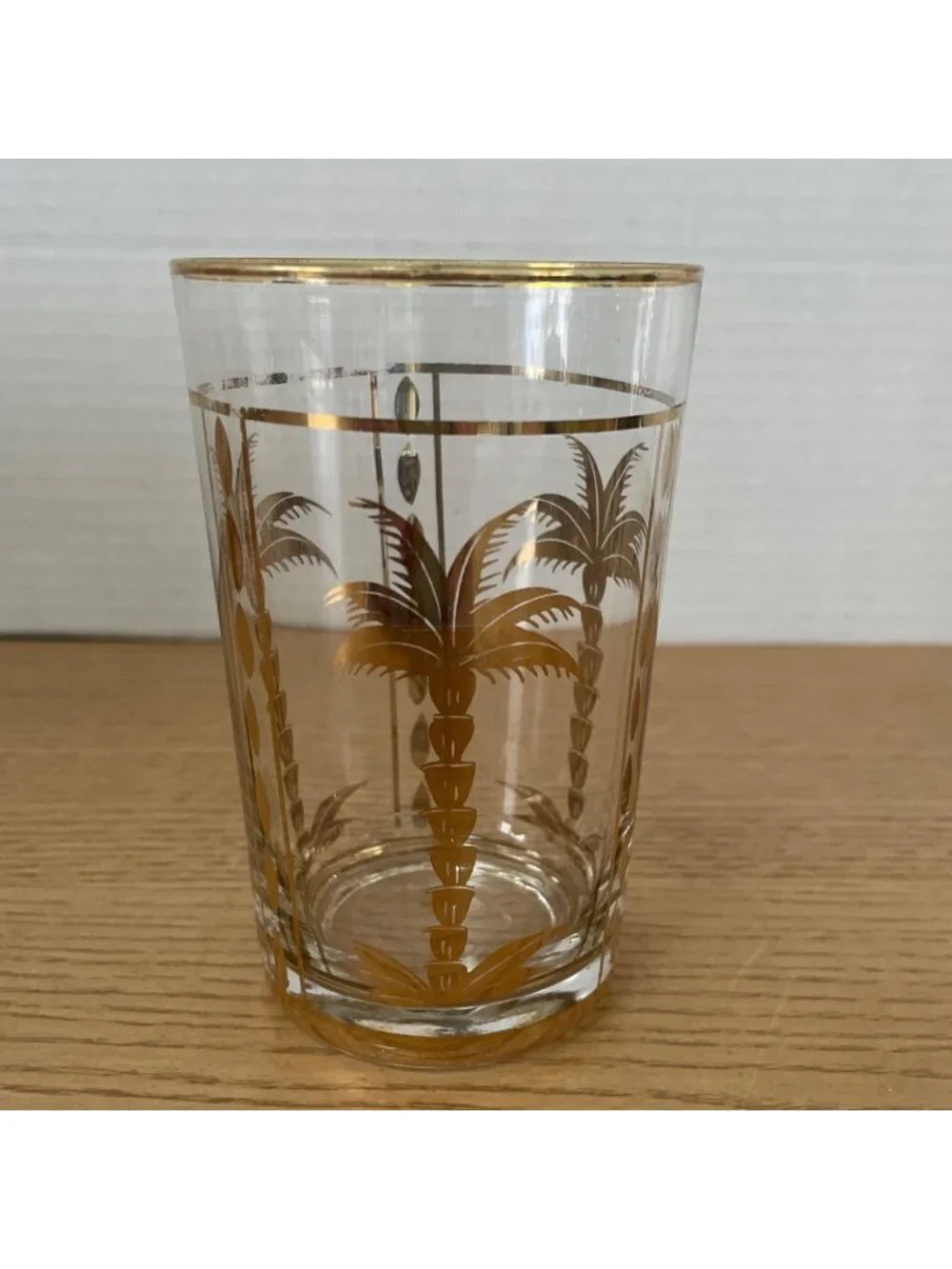 Vtg MCM Gold Palm Tree Design Drinking Glasses Tumblers Gold Accents Set of 3